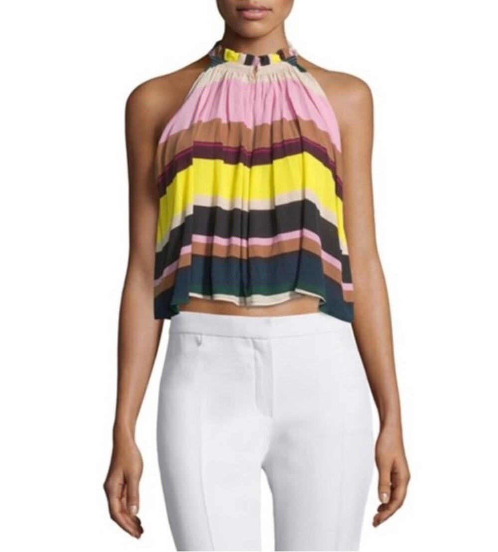 Apiece Apart Olivera Bright Striped Cropped Halter 100% Silk Top Size 2